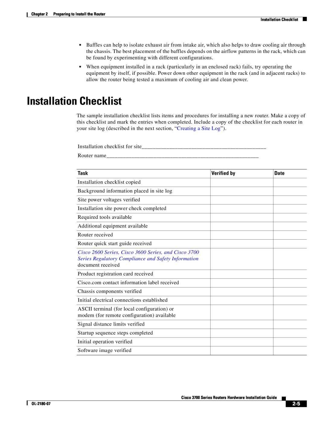 Cisco Systems 3700 Series manual Installation Checklist, Task, Verified by, Date 