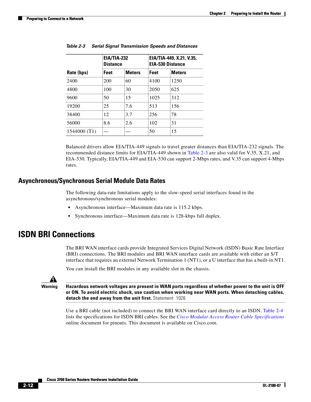 Cisco Systems 3700 Series manual ISDN BRI Connections, Asynchronous/Synchronous Serial Module Data Rates, 2-12 