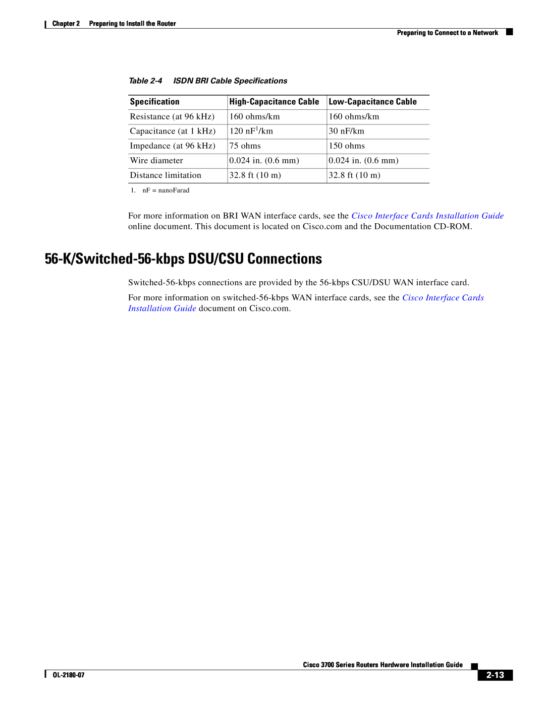 Cisco Systems 3700 Series manual 56-K/Switched-56-kbps DSU/CSU Connections, 2-13, High-Capacitance Cable 