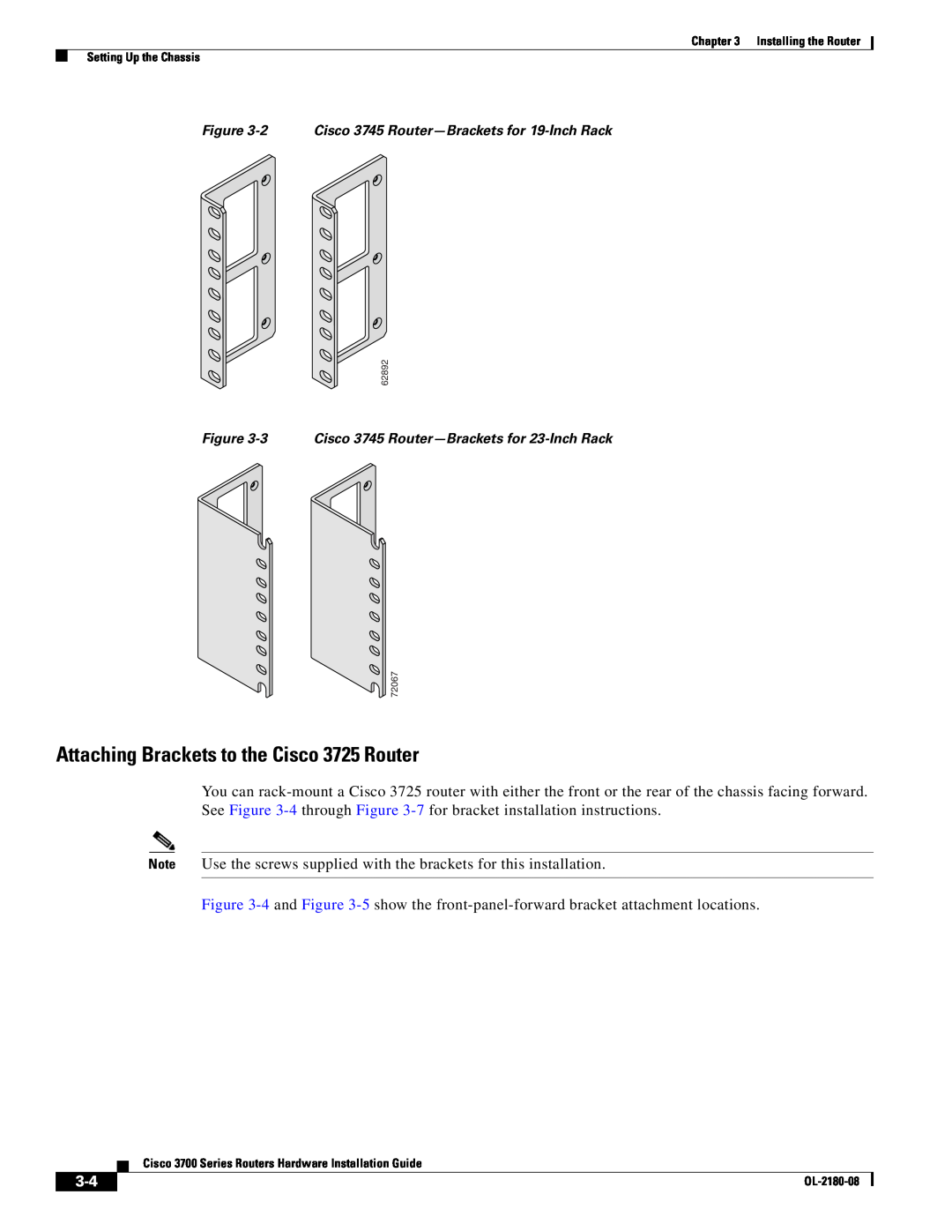 Cisco Systems 3700 Series manual Attaching Brackets to the Cisco 3725 Router 