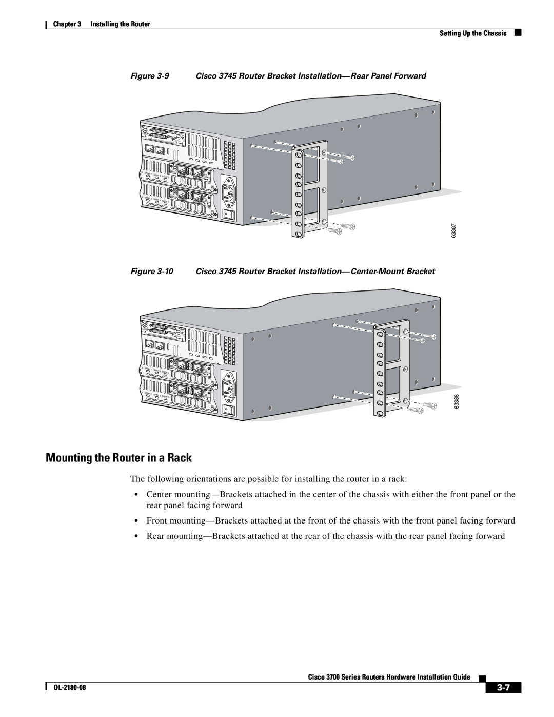 Cisco Systems 3700 Series manual Mounting the Router in a Rack, 9 Cisco 3745 Router Bracket Installation-Rear Panel Forward 