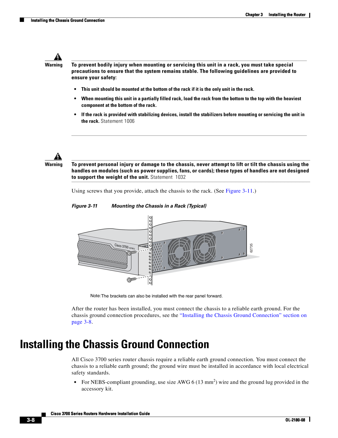 Cisco Systems 3700 Series manual Installing the Chassis Ground Connection, 11 Mounting the Chassis in a Rack Typical 