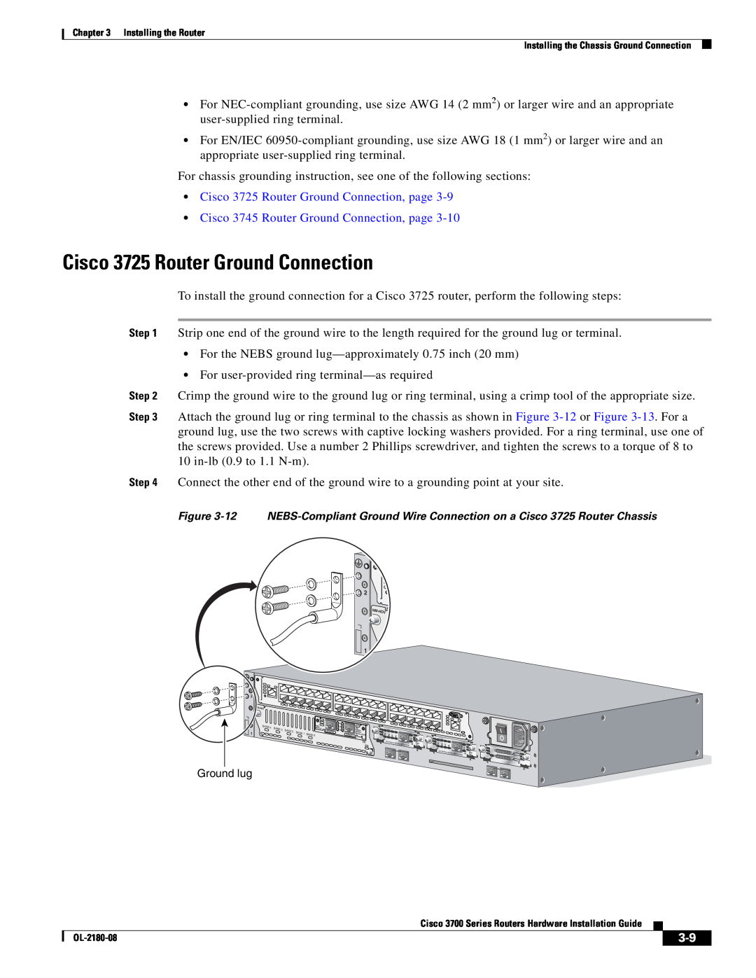 Cisco Systems 3700 Series manual Cisco 3725 Router Ground Connection, page, Cisco 3745 Router Ground Connection, page 
