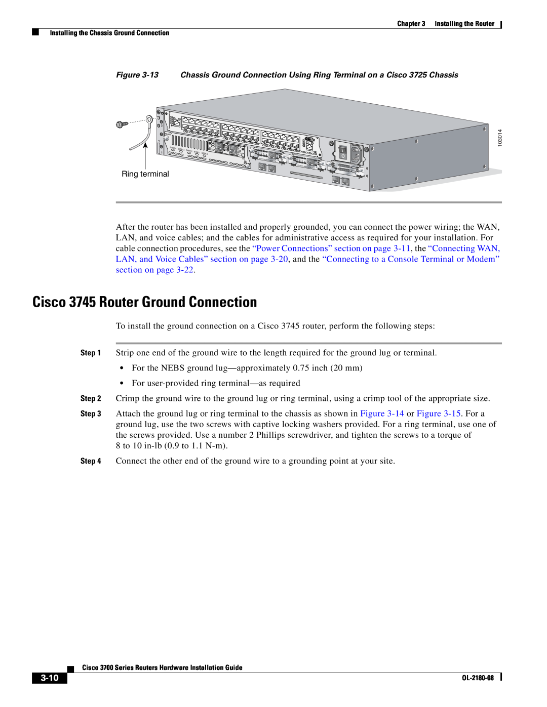 Cisco Systems 3700 Series manual Cisco 3745 Router Ground Connection, 3-10, Ring terminal 