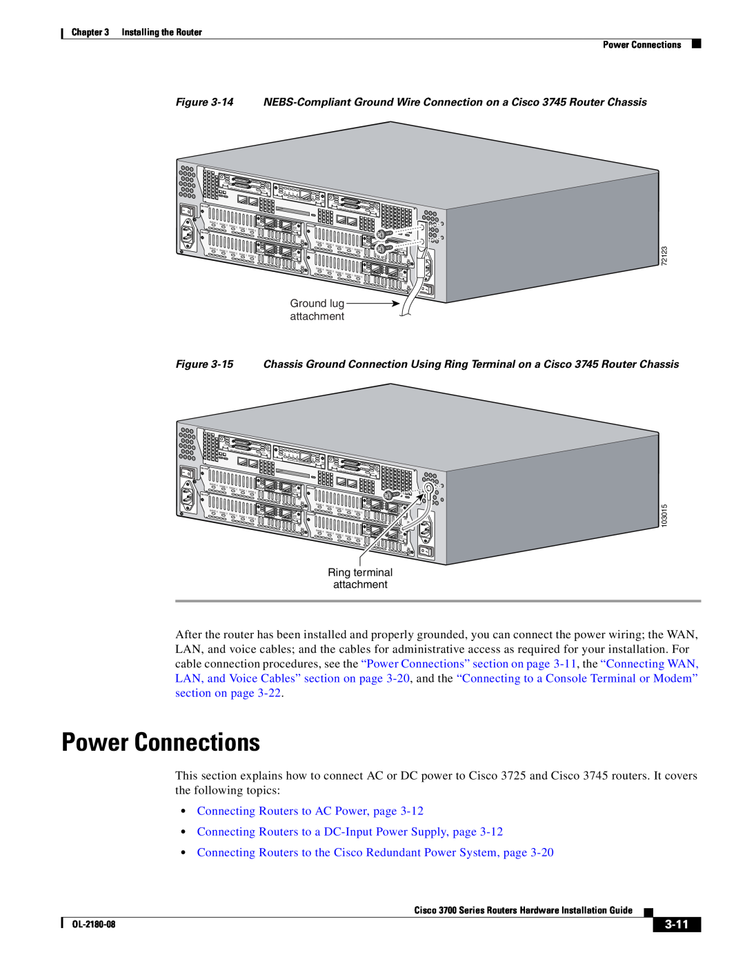 Cisco Systems 3700 Series manual Power Connections, Connecting Routers to AC Power, page, 3-11 