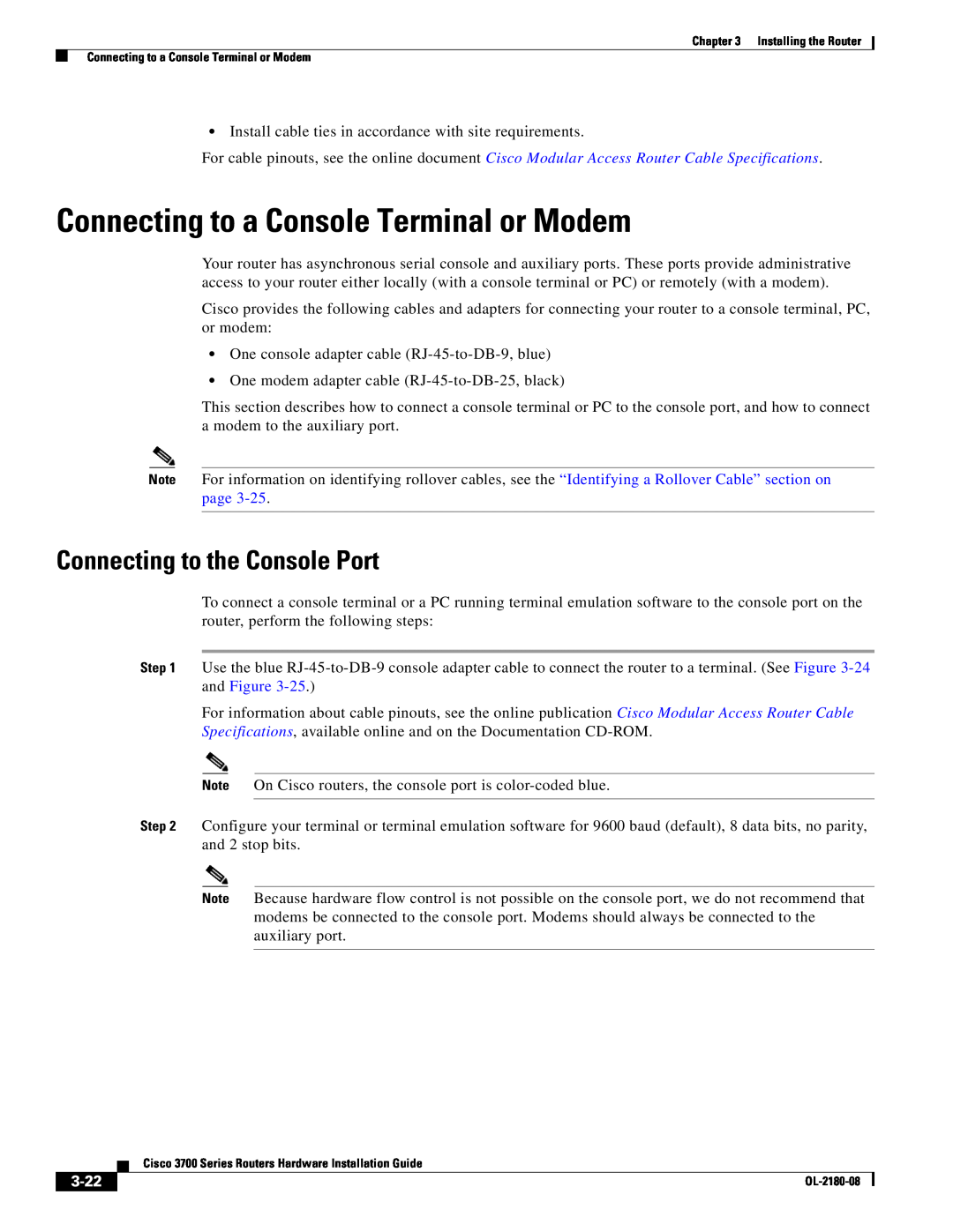 Cisco Systems 3700 Series manual Connecting to a Console Terminal or Modem, Connecting to the Console Port, 3-22 