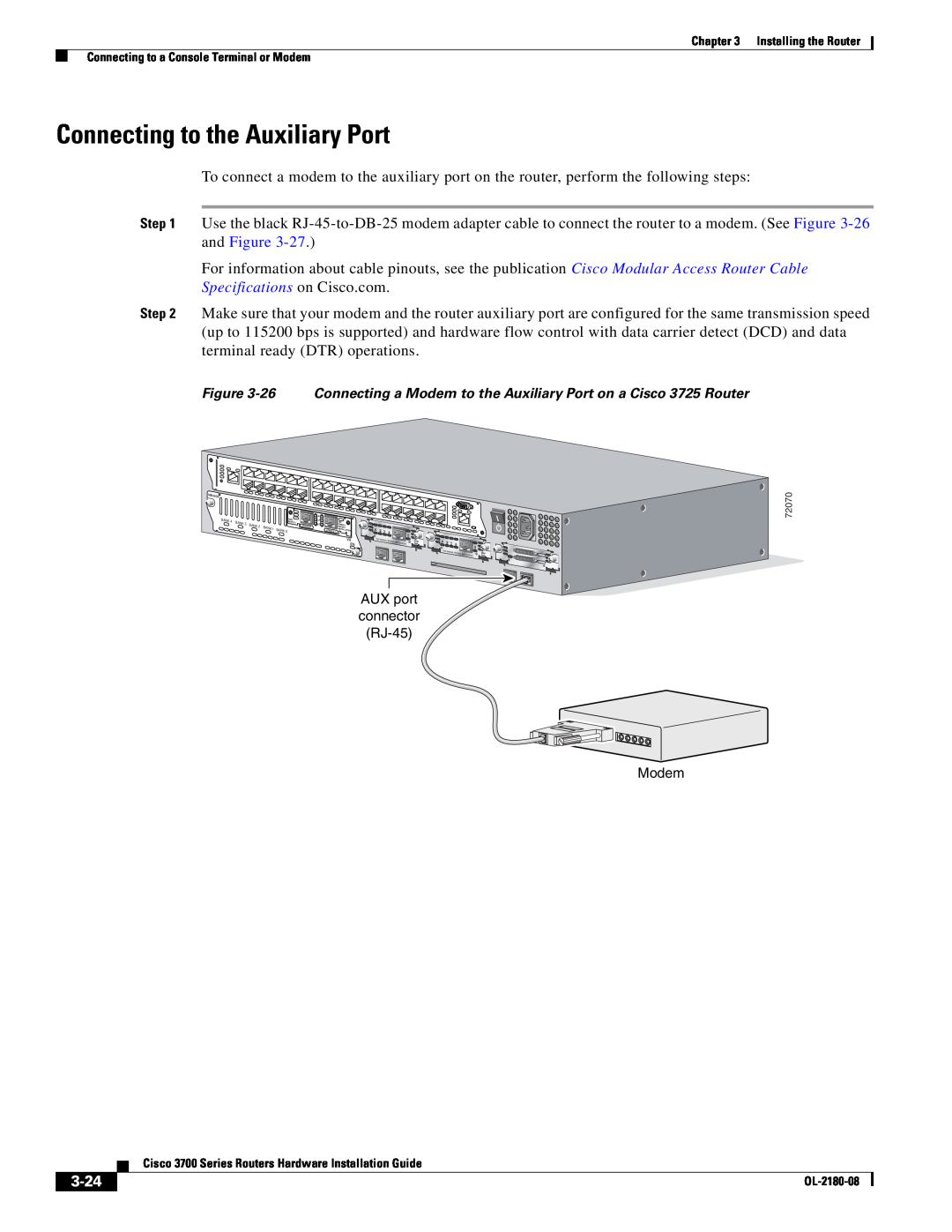 Cisco Systems 3700 Series manual Connecting to the Auxiliary Port, 3-24, Specifications on Cisco.com 
