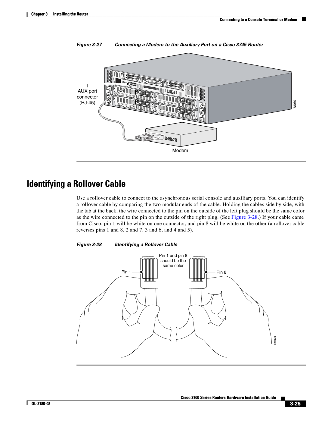 Cisco Systems 3700 Series manual 3-25, 28 Identifying a Rollover Cable 