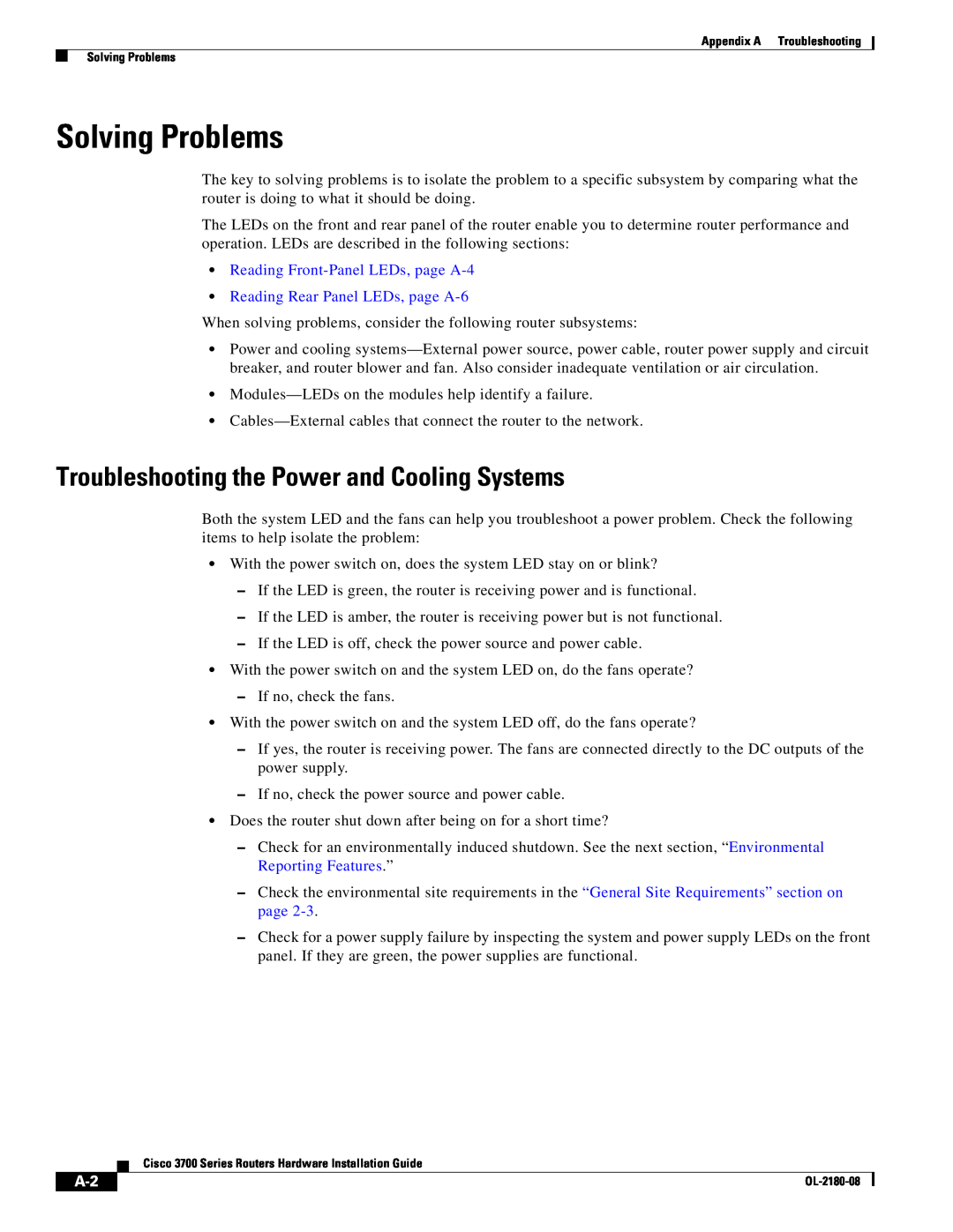 Cisco Systems 3700 Series manual Solving Problems, Troubleshooting the Power and Cooling Systems 