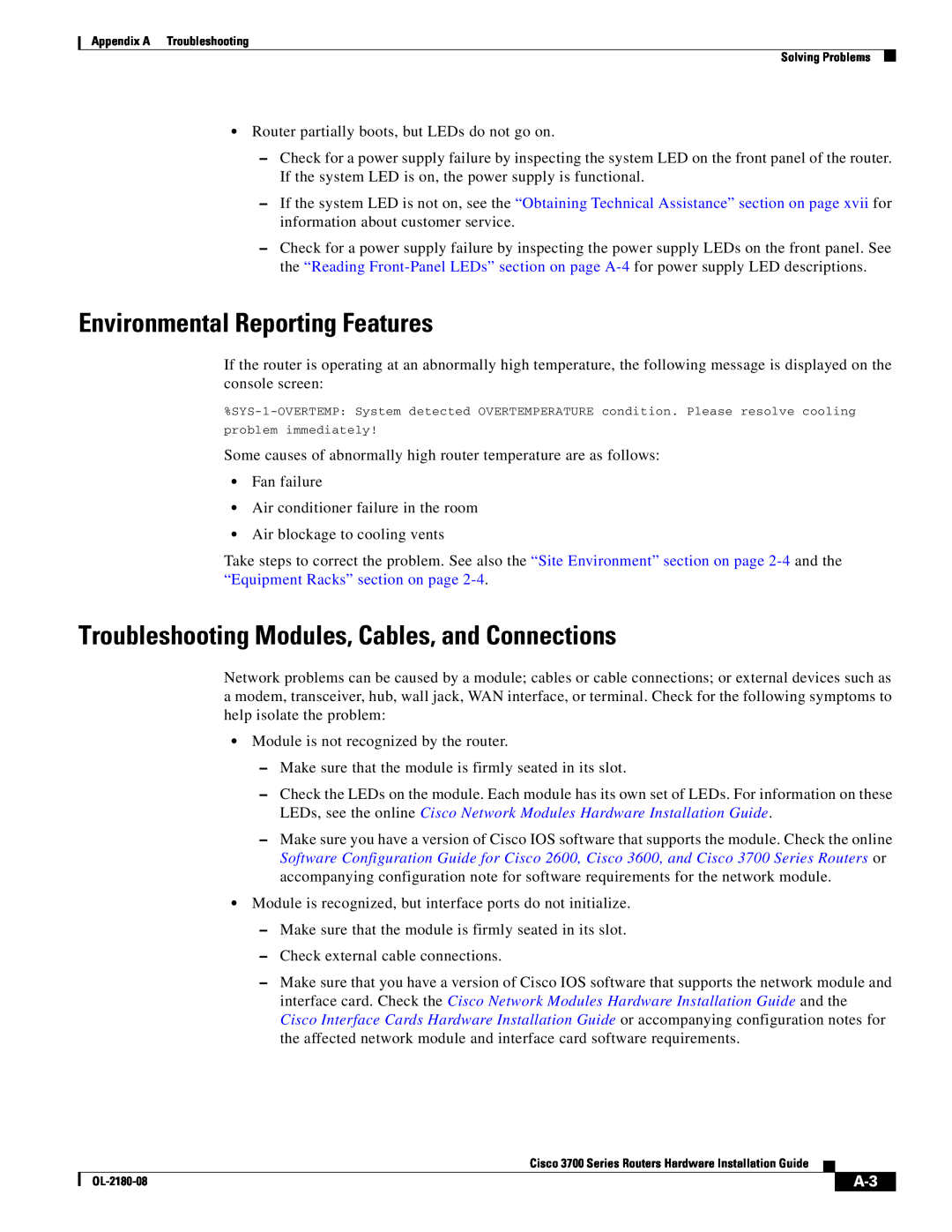 Cisco Systems 3700 Series manual Environmental Reporting Features, Troubleshooting Modules, Cables, and Connections 