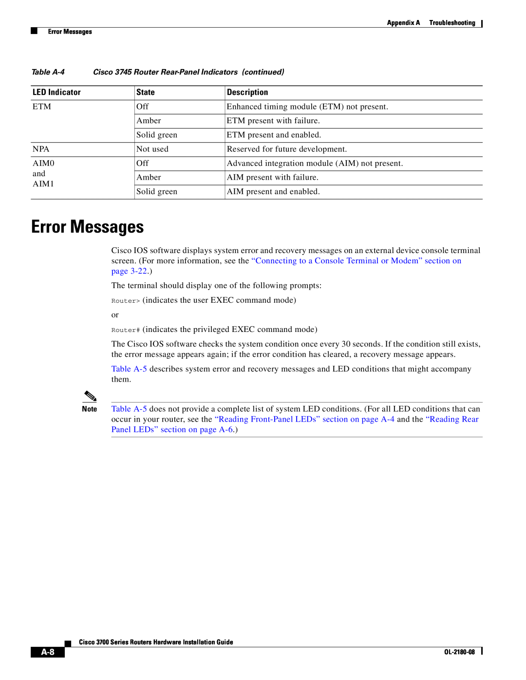 Cisco Systems 3700 Series manual Error Messages 