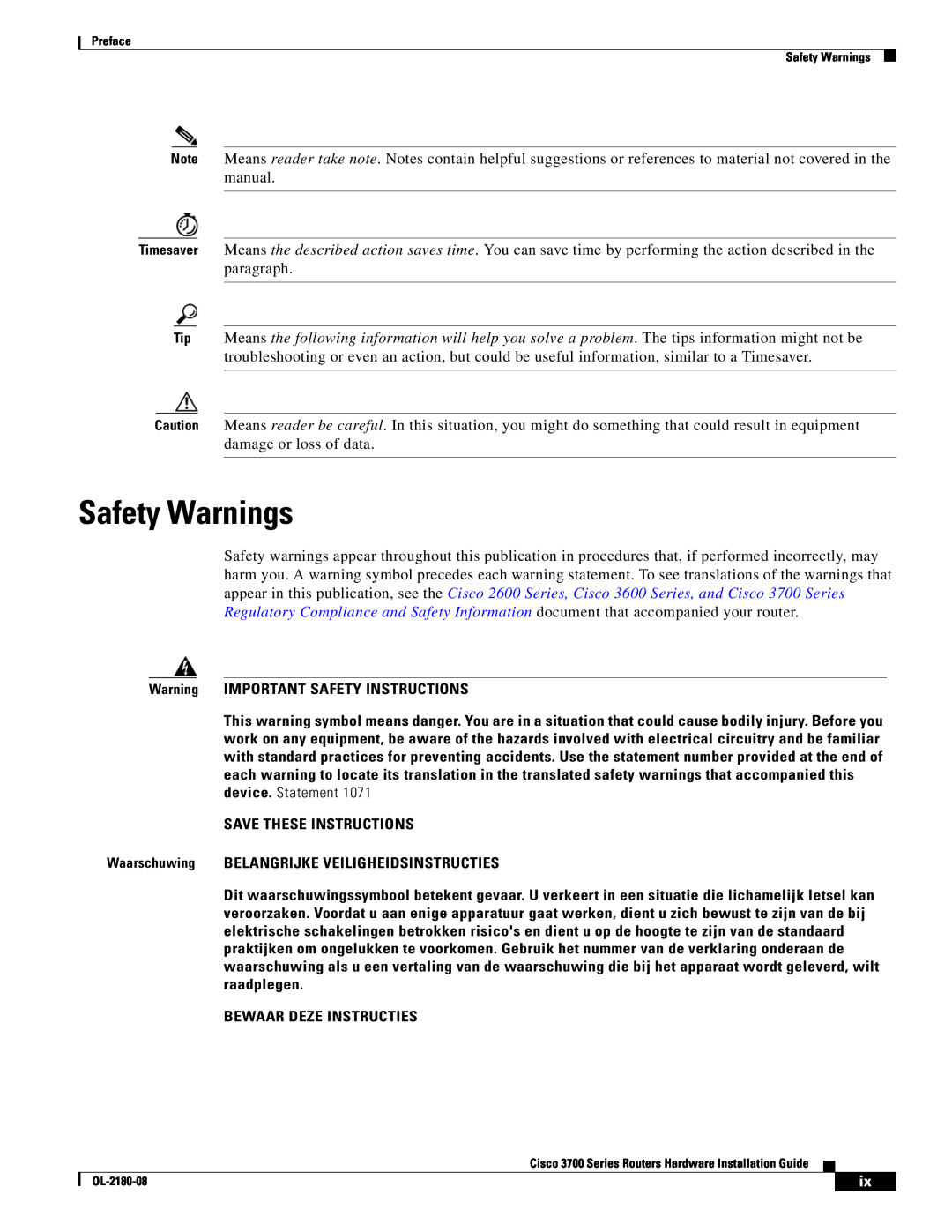 Cisco Systems 3700 Series manual Safety Warnings 