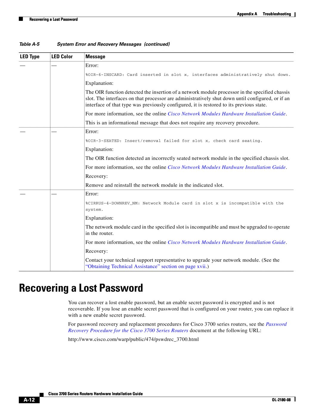 Cisco Systems 3700 Series manual Recovering a Lost Password, “Obtaining Technical Assistance” section on page, A-12 