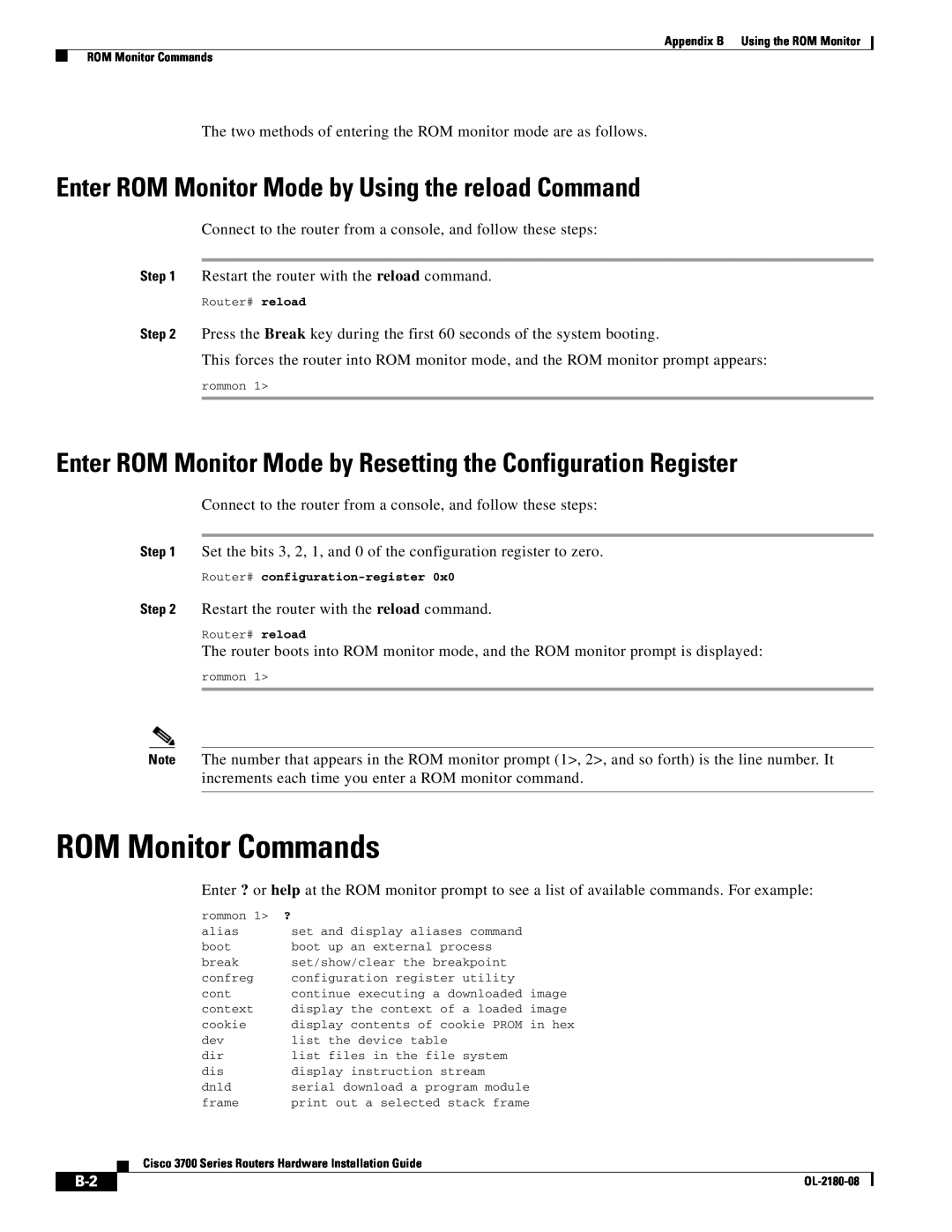 Cisco Systems 3700 Series manual ROM Monitor Commands, Enter ROM Monitor Mode by Using the reload Command 