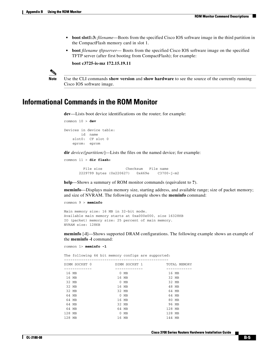 Cisco Systems 3700 Series manual Informational Commands in the ROM Monitor, boot c3725-is-mz 