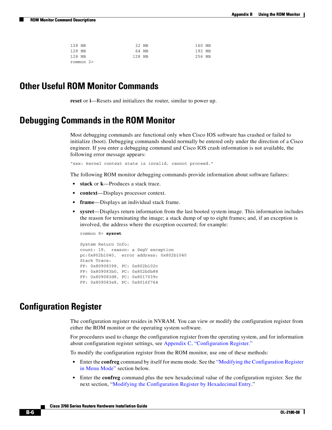 Cisco Systems 3700 Series Other Useful ROM Monitor Commands, Debugging Commands in the ROM Monitor, Configuration Register 