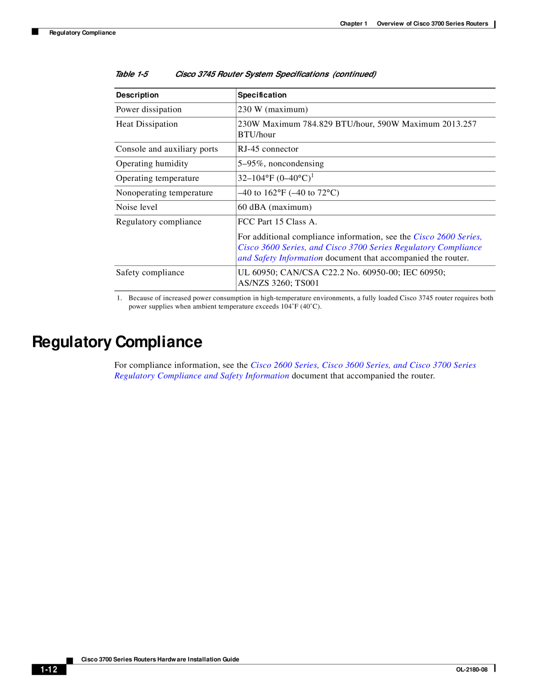 Cisco Systems 3700 specifications Regulatory Compliance, 1-12, Description, Specification 