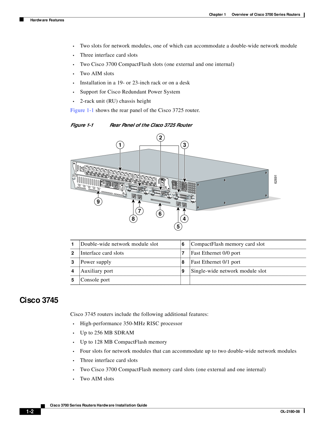 Cisco Systems 3700 specifications Rear Panel of the Cisco 3725 Router, OL-2180-08 