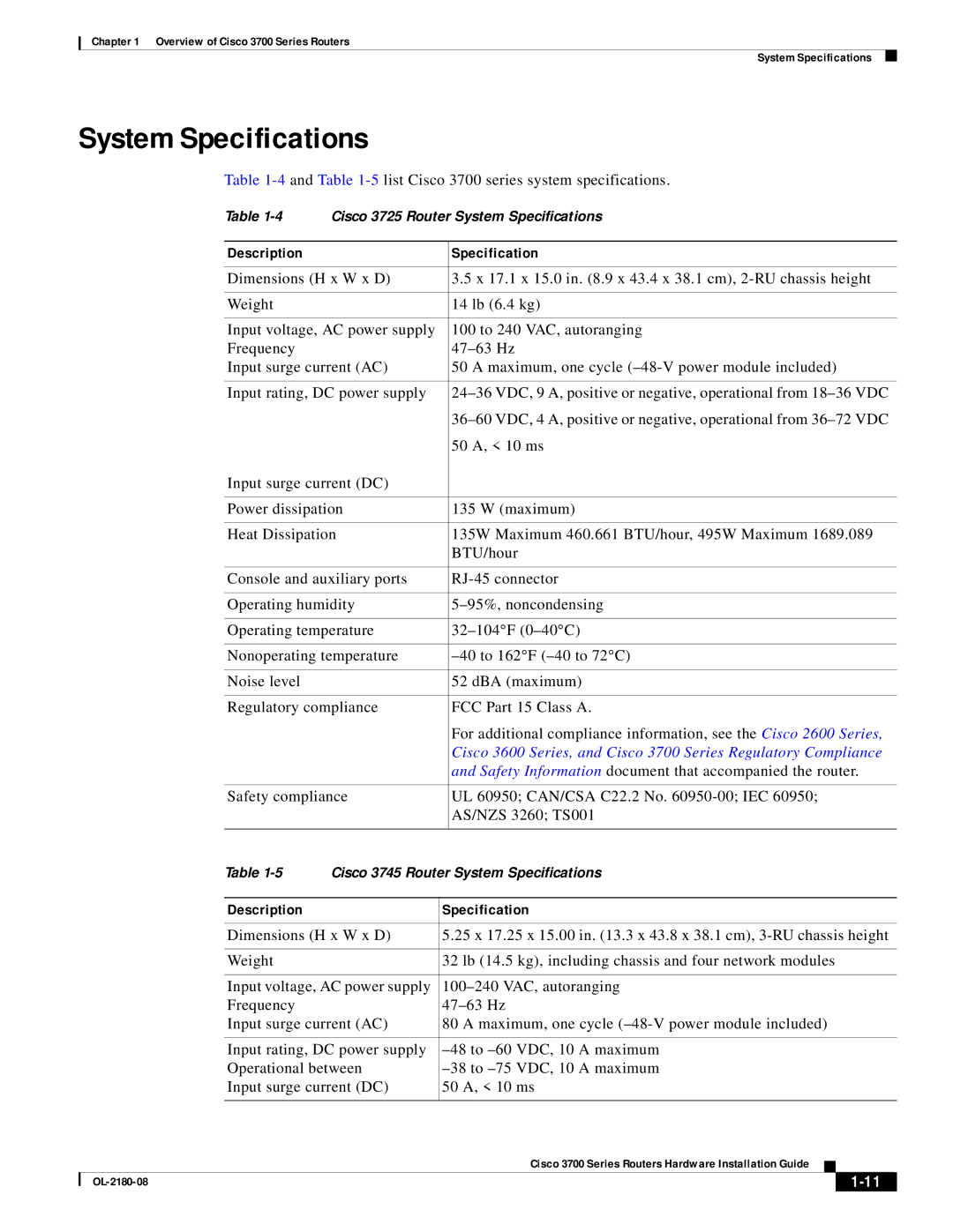 Cisco Systems 3700 specifications System Specifications 