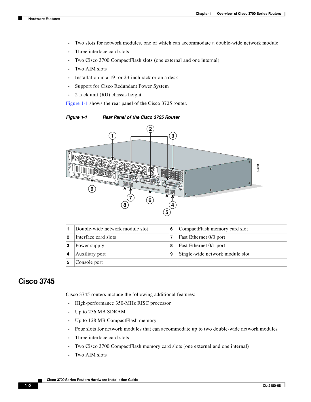 Cisco Systems 3700 specifications 1shows the rear panel of the Cisco 3725 router 