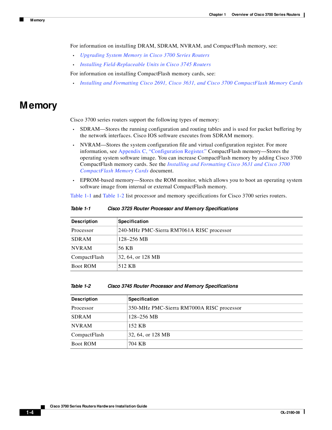 Cisco Systems 3700 specifications Memory, Description Specification 