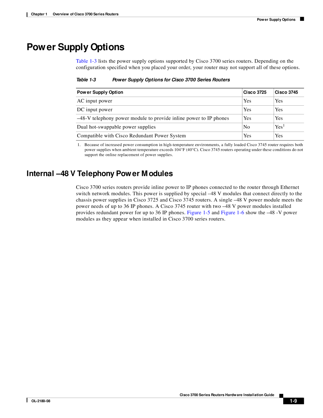 Cisco Systems 3700 specifications Power Supply Options, Internal -48 V Telephony Power Modules 