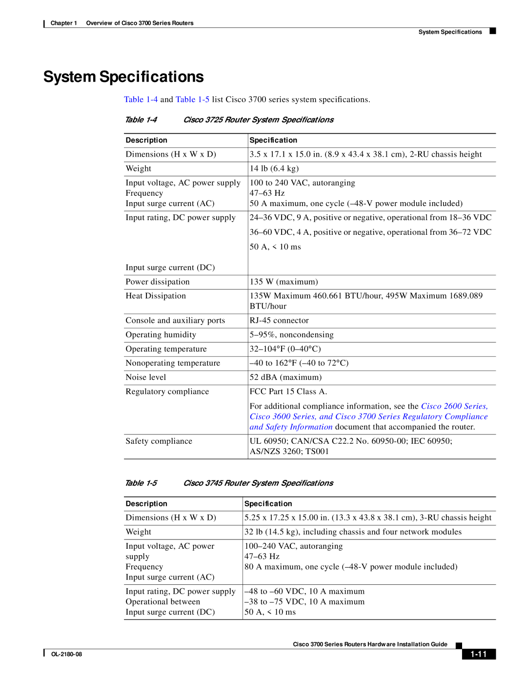 Cisco Systems 3700 specifications System Specifications 