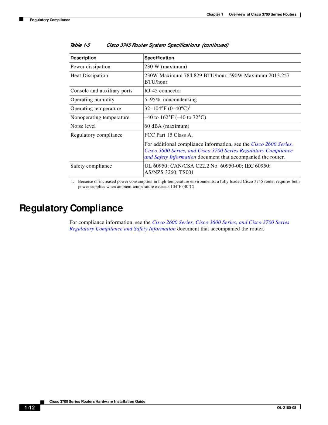 Cisco Systems 3700 specifications Regulatory Compliance 