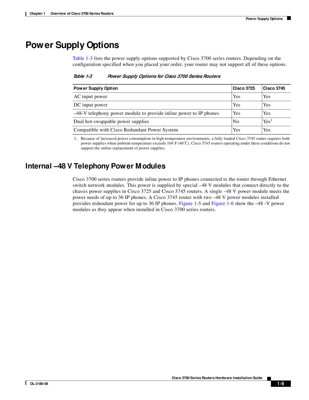 Cisco Systems 3700 specifications Power Supply Options, Internal -48 V Telephony Power Modules 