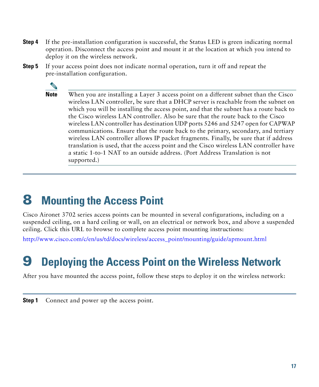 Cisco Systems 3700 specifications Mounting the Access Point, Deploying the Access Point on the Wireless Network 