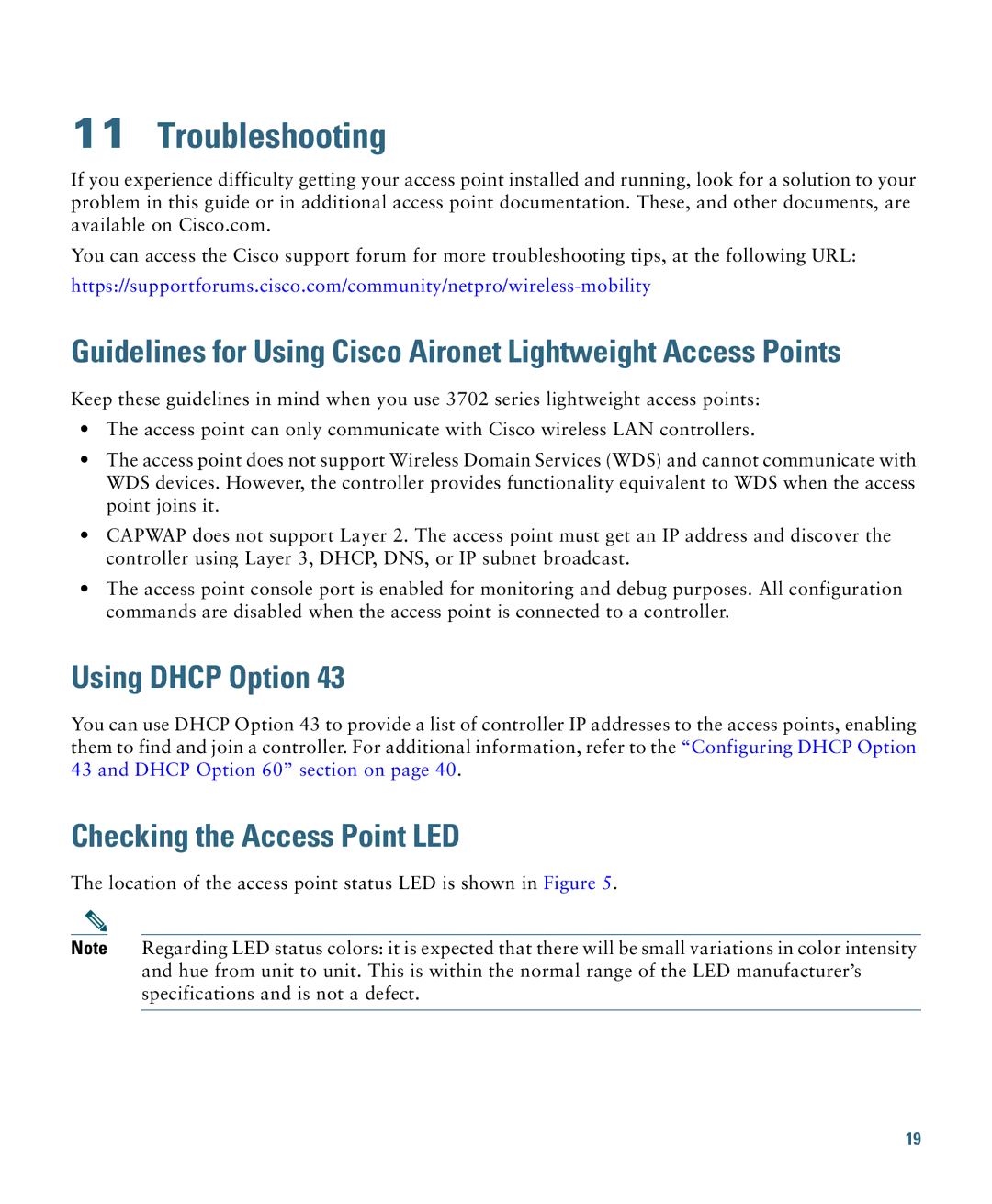 Cisco Systems 3700 specifications Troubleshooting, Using Dhcp Option, Checking the Access Point LED 