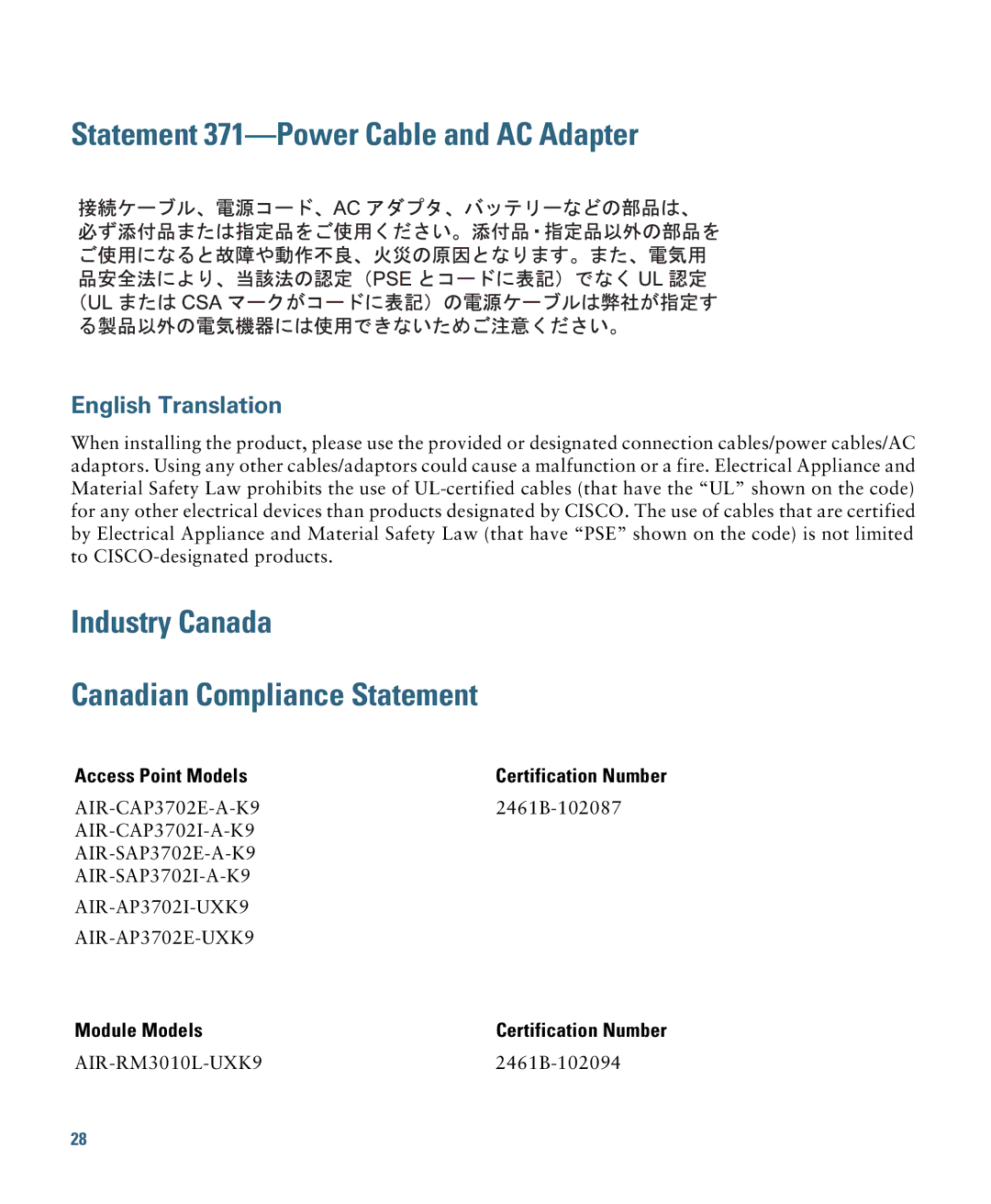 Cisco Systems 3700 specifications Statement 371-Power Cable and AC Adapter, Industry Canada Canadian Compliance Statement 