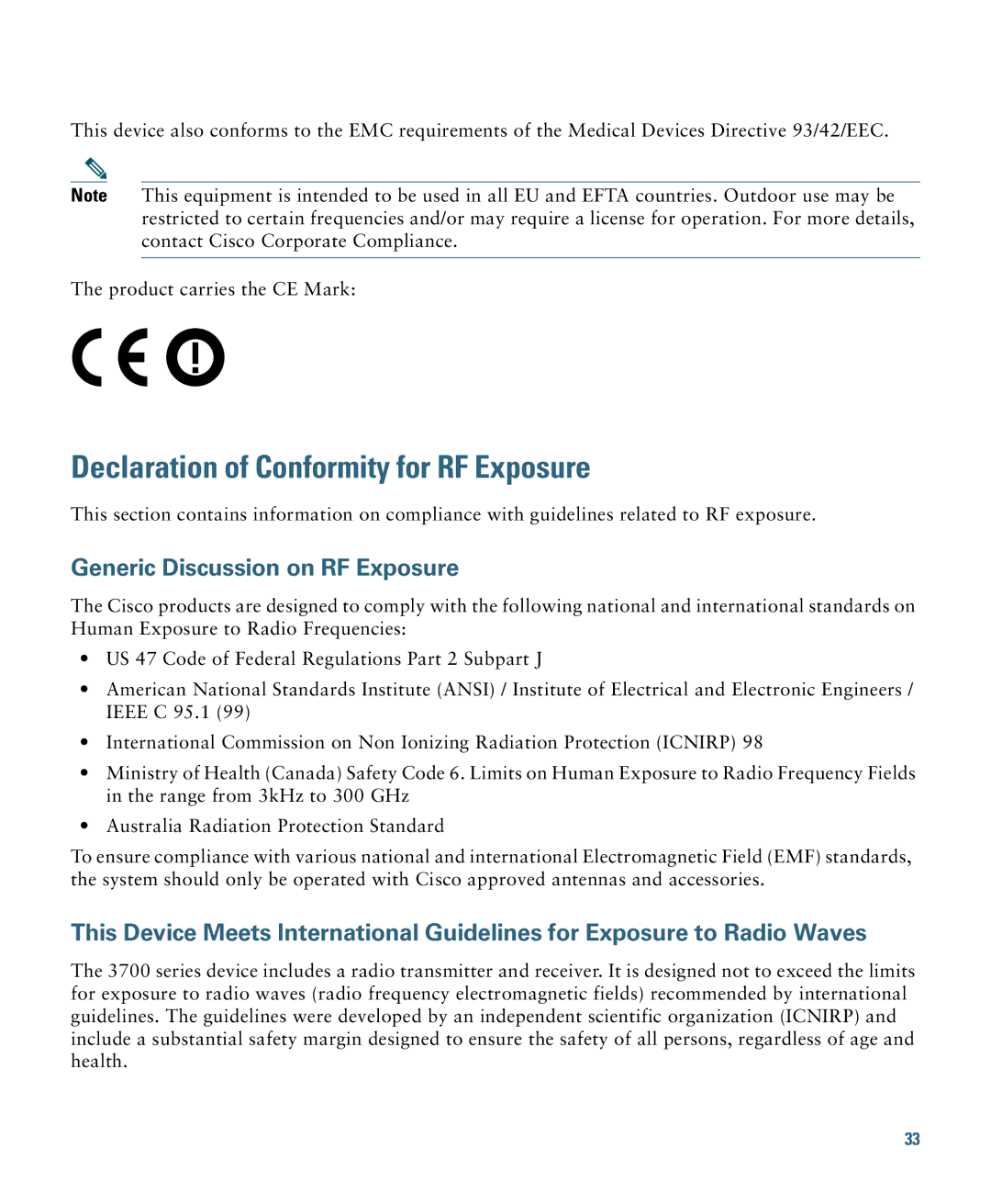 Cisco Systems 3700 specifications Declaration of Conformity for RF Exposure, Generic Discussion on RF Exposure 