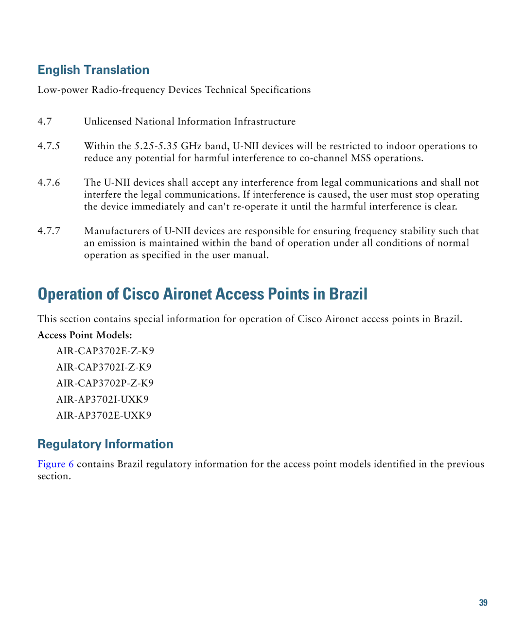 Cisco Systems 3700 specifications Operation of Cisco Aironet Access Points in Brazil 