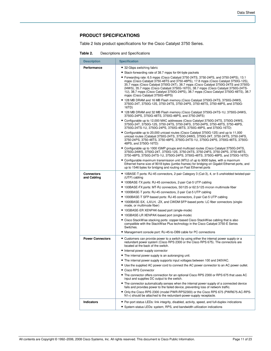 Cisco Systems 3750-48PS, 3750-24PS manual Product Specifications, Descriptions and Specifications 