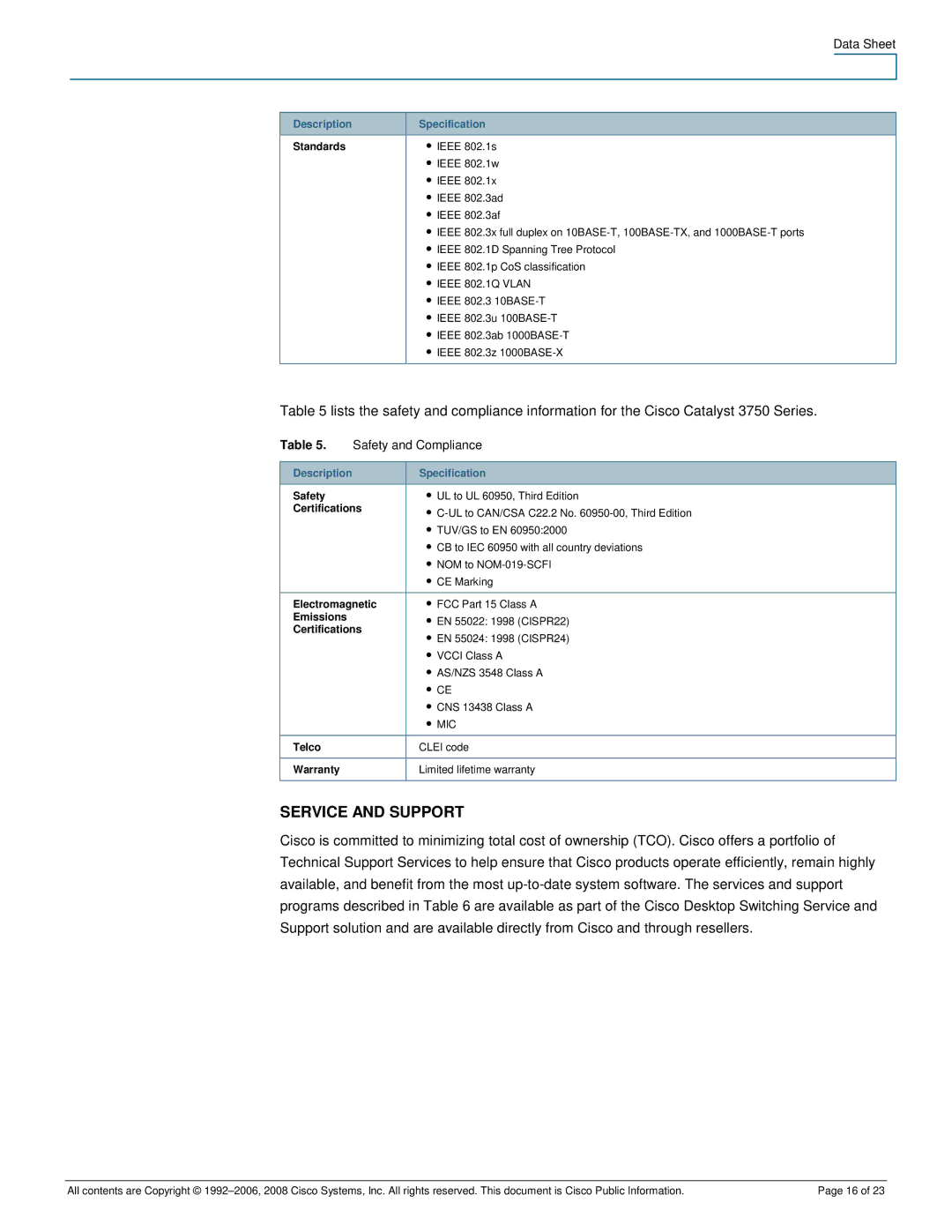 Cisco Systems 3750-24PS, 3750-48PS manual Service and Support, Safety and Compliance 