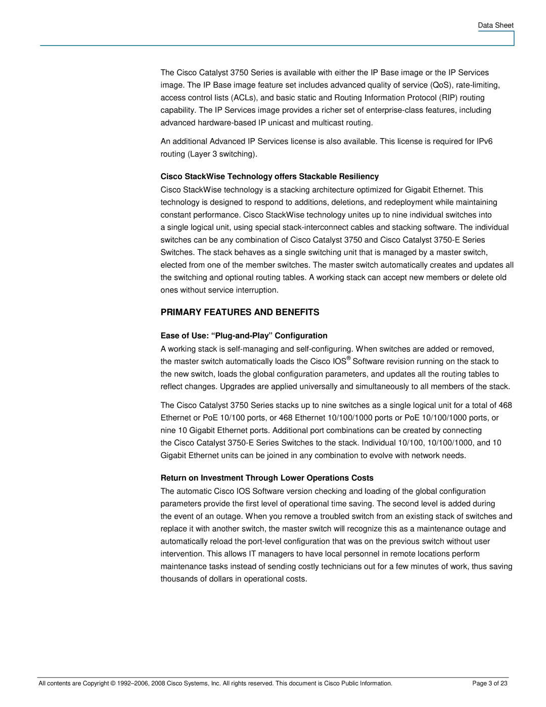 Cisco Systems 3750-48PS, 3750-24PS Primary Features and Benefits, Cisco StackWise Technology offers Stackable Resiliency 