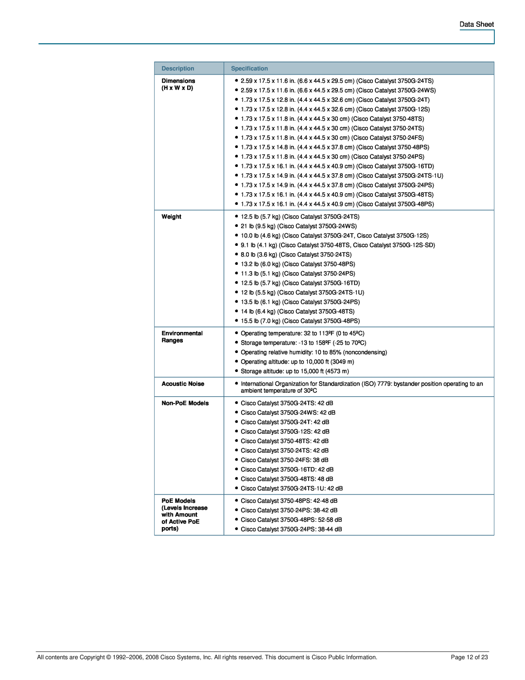 Cisco Systems 3750-24PS, 3750-48PS manual Description, Specification, Dimensions 