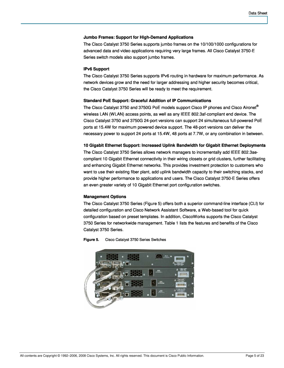 Cisco Systems 3750-48PS Jumbo Frames Support for High-Demand Applications, IPv6 Support, Management Options, Page 5 of 