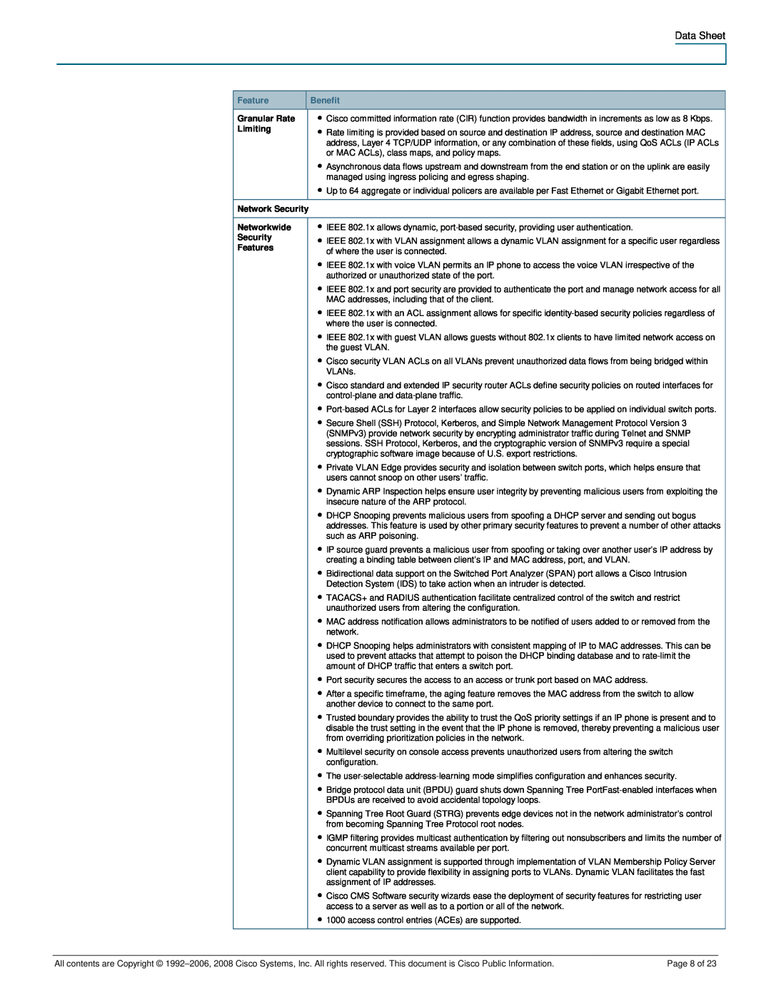 Cisco Systems 3750-24PS, 3750-48PS manual Feature, Benefit, Page 8 of 