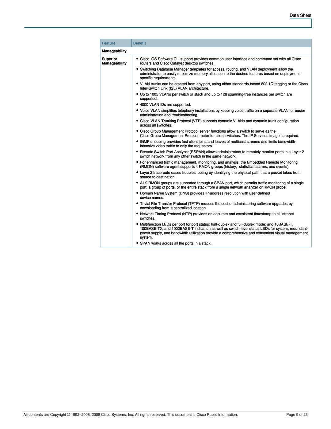 Cisco Systems 3750-48PS, 3750-24PS manual Feature, Benefit, Superior Manageability, Page 9 of 