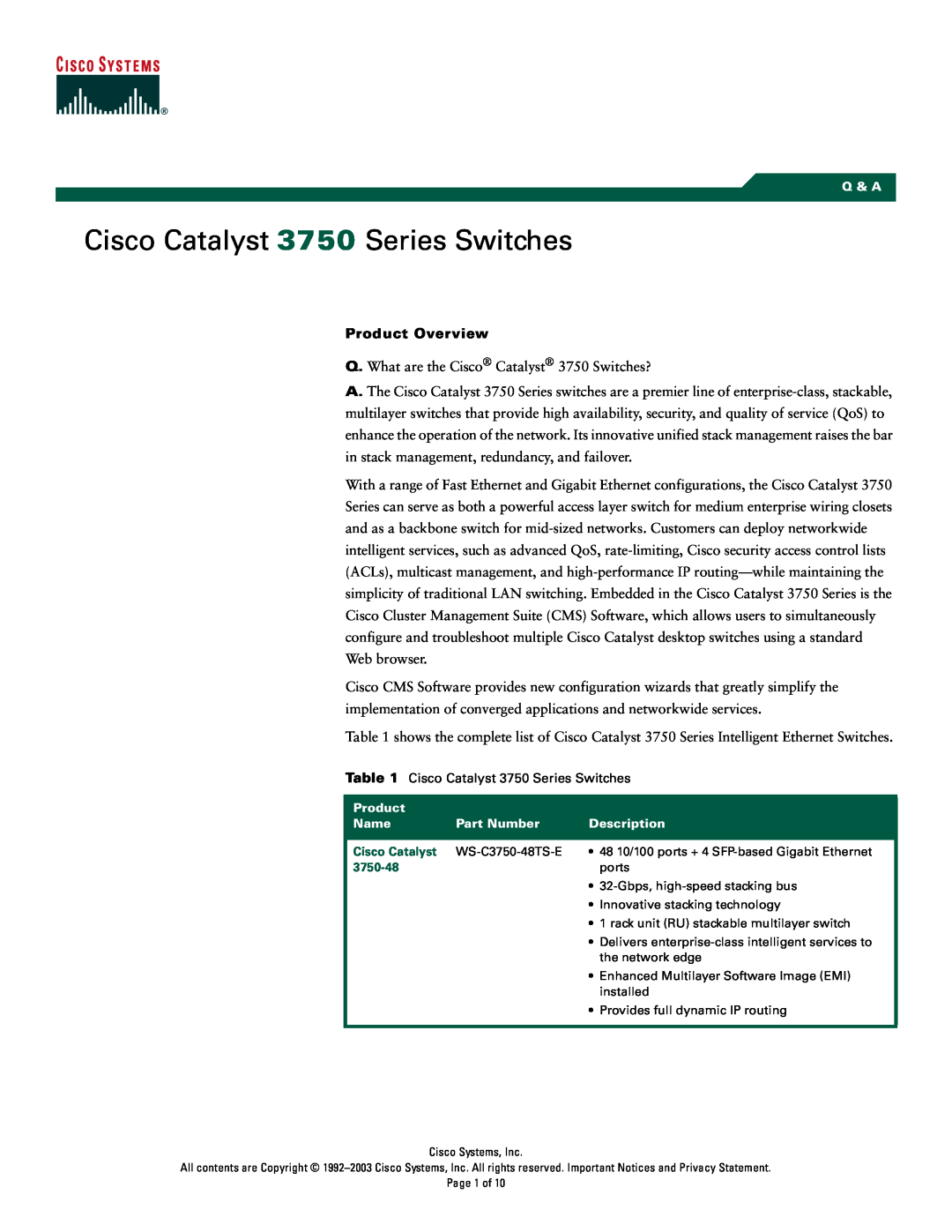 Cisco Systems manual Product Overview, Cisco Catalyst 3750 Series Switches 