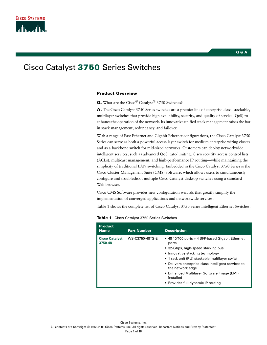 Cisco Systems 3750 Series manual Product Overview, Cisco Catalyst, 3750-48 