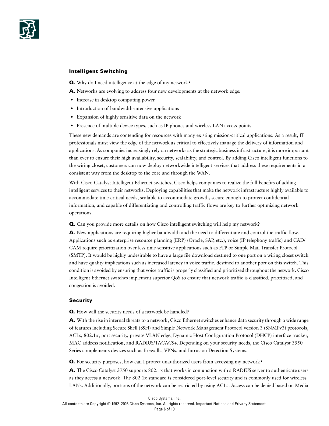 Cisco Systems 3750 Series manual Intelligent Switching, Security 