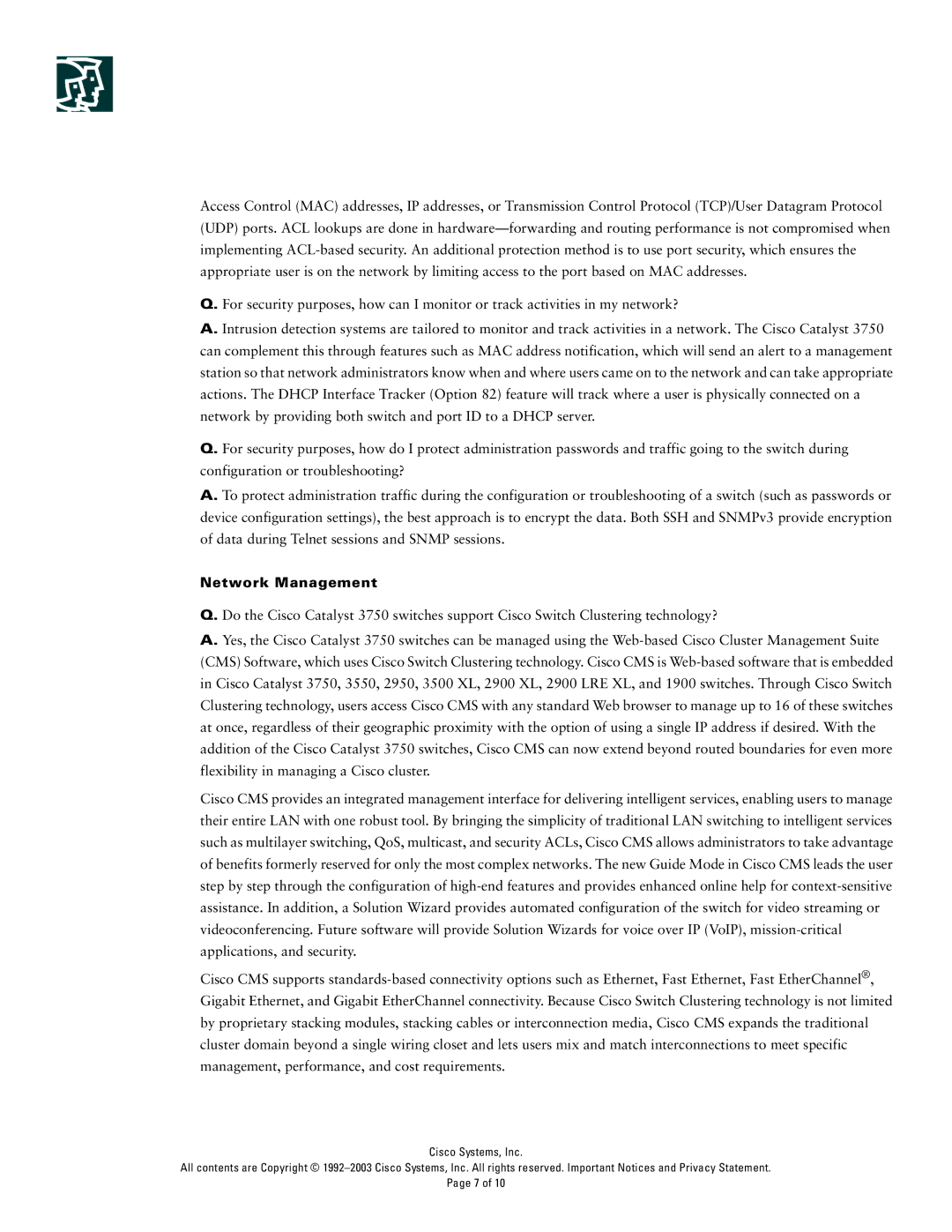 Cisco Systems 3750 Series manual Network Management 