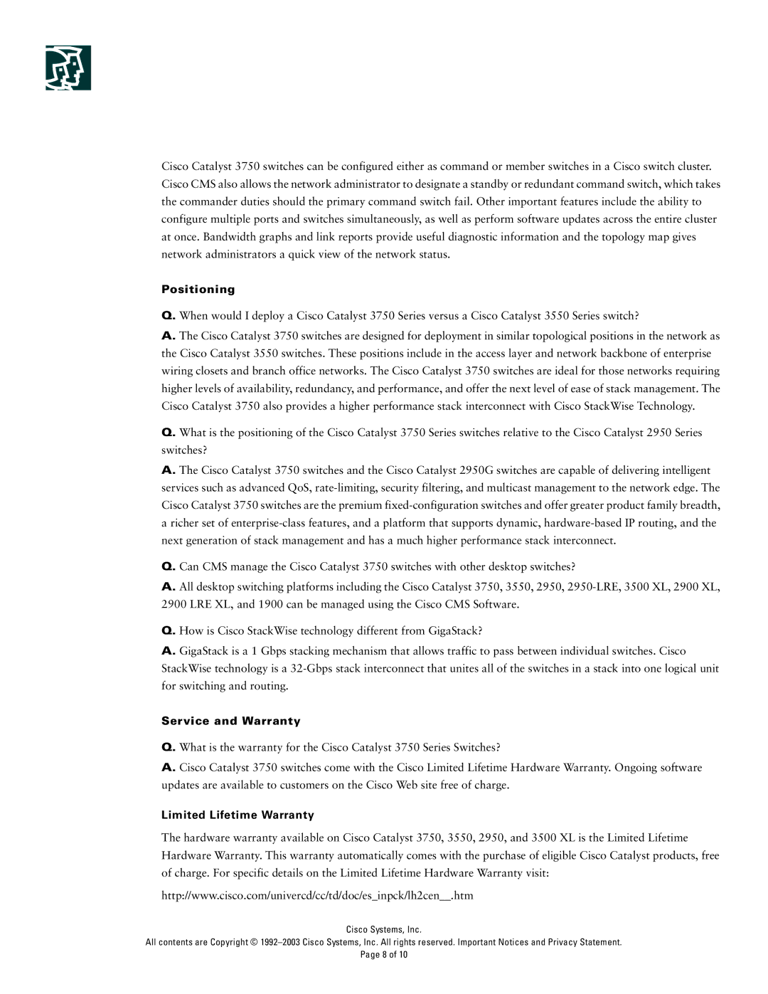 Cisco Systems 3750 Series manual Positioning, Service and Warranty, Limited Lifetime Warranty 