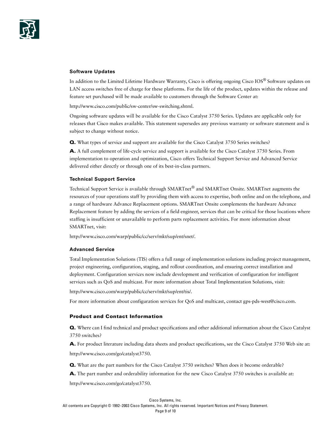 Cisco Systems 3750 Series Software Updates, Technical Support Service, Advanced Service, Product and Contact Information 