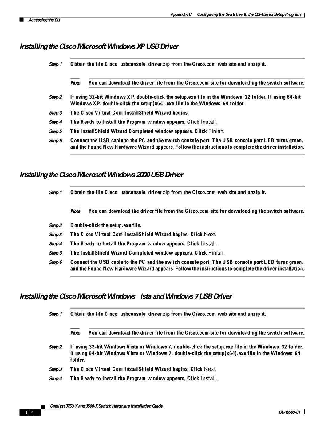 Cisco Systems 3750-X, 3560-X manual Installing the Cisco Microsoft Windows XP USB Driver 