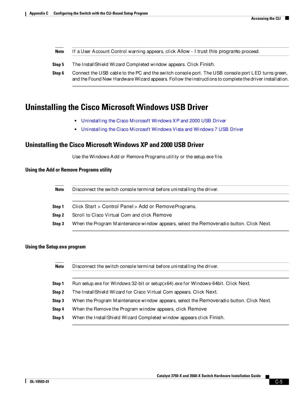 Cisco Systems 3560-X, 3750-X Uninstalling the Cisco Microsoft Windows USB Driver, Using the Add or Remove Programs utility 