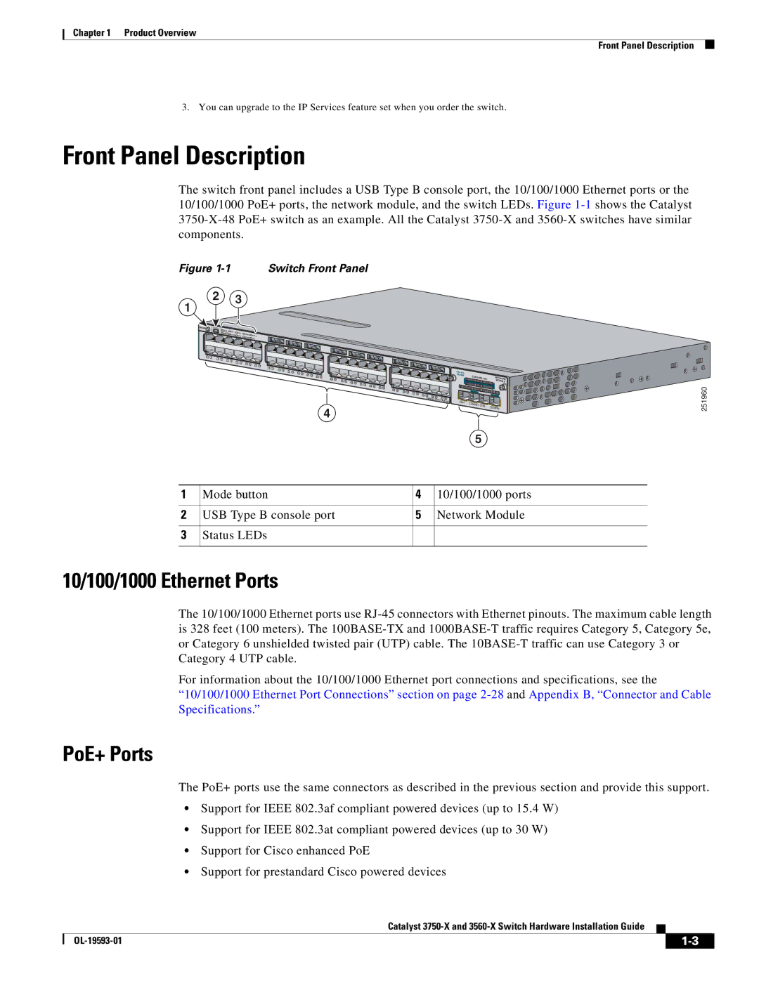 Cisco Systems 3560-X, 3750-X manual Front Panel Description, 10/100/1000 Ethernet Ports, PoE+ Ports 